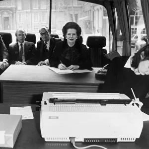 MARGARET THATCHER ON BOARD HER GENERAL ELECTION CAMPAIGN BATTLE BUS - 19TH MAY 1983