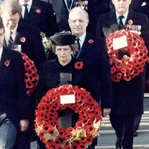 Margaret Thatcher holding wreath at Remembrance Day ceremony at the Cenotaph - November