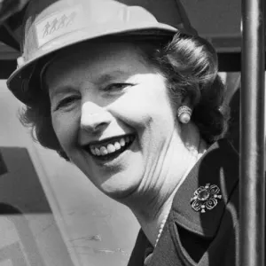 Margaret Thatcher laughing sitting in JCB digger in Docklands - April 1984