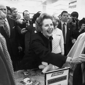 MARGARET THATCHER IN MARKS ANS SPENCERS STORE IN OXFORD STREET SAMPLING THE QUALITY OF