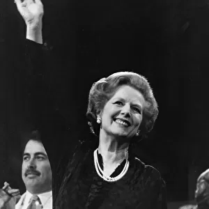 Margaret Thatcher waving after speech during election campaign - June 1983