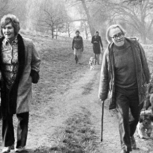 Michael Foot and wife Jill Craigie walking their dogs on Hampstead Heath - March 1974