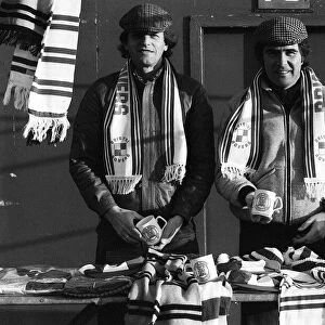 Mike Channon of Bristol Rovers and manager Bobby Gould selling Rovers merchandise at