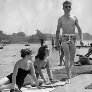 1950s Print of Man in Y Fronts Passing Two Girls 1950s Print of Man in Y Fronts Passing Two Girls