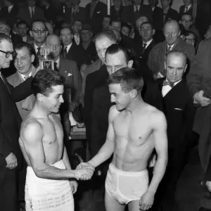 John Caldwell shakes hands with young boxer at weigh-in, 1960 Print John Caldwell shakes hands with young boxer at weigh-in, 1960 Print