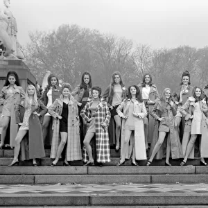 Some of the "Miss World"contestants, wearing coats from Elgee, Miss Selfridge