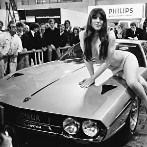 Model drapped over an Espaua Motor Car at Motor Show Circa 1969