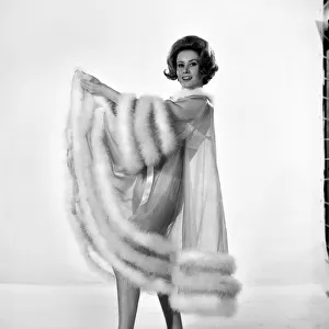 Model Rita Royce wearing marabou fur trimmed nightie. December 1963