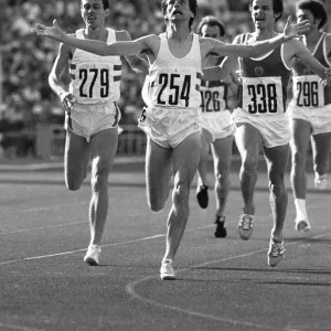 Moscow Olympic Games British athlete Sebastian Coe celebrates as he crosses