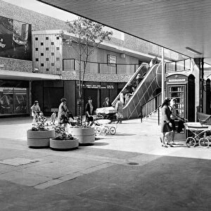 In the New Strand shopping precinct - an escalator to the upper deck. 6th August 1968