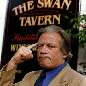 Oliver Reed Actor outside the Swan Tavern in Wimbledon where his son Mark has been barred