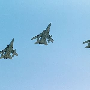 Panavia Tornado F3 planes of RAF 5 Squadron fly over their air base in formation in