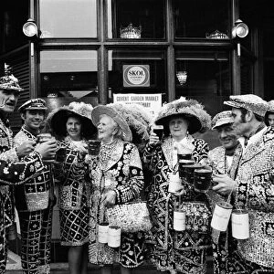Pearly kings and queens in Covent Garden market, London. 9th May 1970
