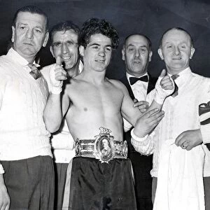 Peter Keenan, boxer, with Lonsdale belt. Firhill. 1957
