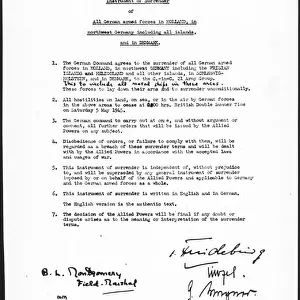 Picture shows the surrender pact. The Instrument of Surrender of all German