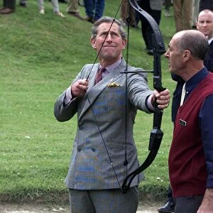 Prince Charles has a go at Archery during visit May 1999 to Clay Pigeon Shoot in