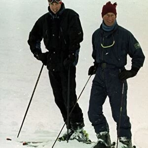 Prince Charles and Prince William stand on a ski slope at Whistler in Canada on their