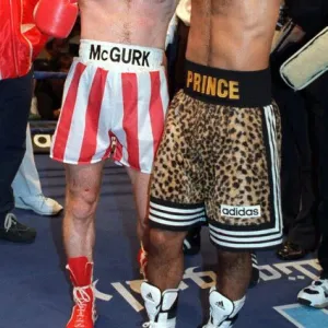 Prince Naseem Hamed with Billy Hardy after his victory over Billy Hardy in Manchester to