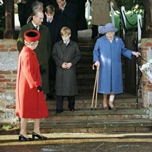 Prince Philip and the Queen watch as the Queen Mother walks down steps at Sandringham