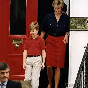Prince William leaving Wetherby School followed by mother Princess Diana after having