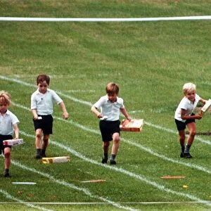 Prince William at his school sports day at Richmond Sports Stadium taking part in an Egg