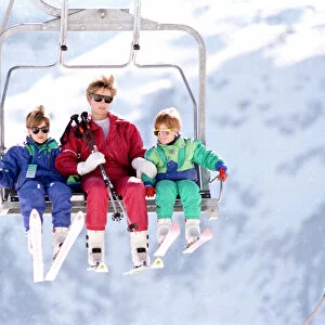 Princess Diana and children, pictured on ski lift, The Alps, Switzerland