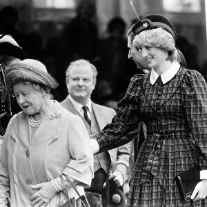 Princess Diana helps the Queen Mother at the annual Braemar Highland Games near Balmoral
