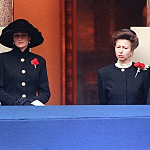 Princess Diana and Princess Anne with Queen Mother on the balcony during Remembrance
