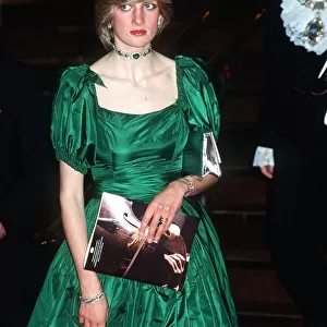 Princess Diana, the Princess of Wales, attends a charity concert at the Barbican