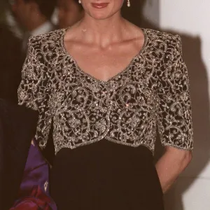 Princess Diana during a visit to India black dress with embroidered bodice tiara