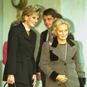 Princess Diana walking beside Madame Bernadette Chirac at the Elysee Palace in in Paris