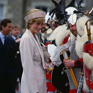 Princesss Diana Princess of Wales talking to men dressed as vikings on a visit to