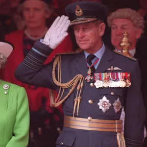 Queen Elizabeth II and Prince Philip during the Gulf War parade at Buckingham Palace