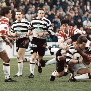 Saints v Widnes Rugby match - John Devereaux well taken out by Paul Loughlin