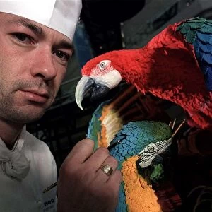 Scott O Hara Sugar Sculptor July 1999, adding some finishing touches to two Macaw