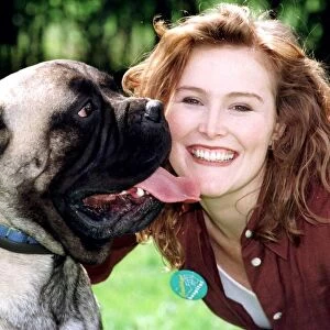 Shauna Lowry TV Presenter with Shamus the Bull Mastive Dog who weighs 10 stone