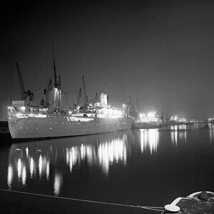 Ships lit up in the strike bound London Docks October 1954