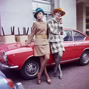 Sixties Fashion 1960s clothing Women with hats leaning on car