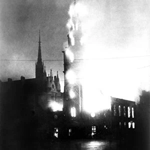St Clement Danes in the Strand London on fire during Blitz during WW2. May 1941