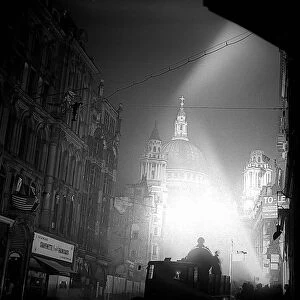 St Pauls Cathedral flood lit during VE day celebrations May 1945