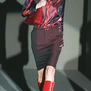 Stella Tennant wearing one of Gucci latest fashion two tone skirt and top in Milan