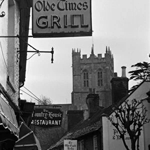 Street scene in Christchurch, Hampshire (now Dorset) with a view of Christchurch Priory