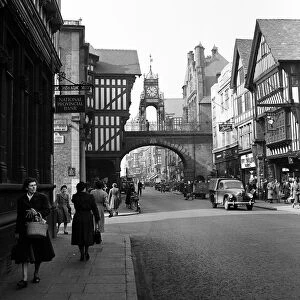 Street scenes in Chester with a view of the Eastgate and Eastgate Clock, Cheshire