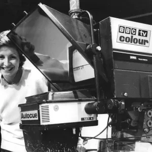 Sue Lawley with schoolgirl in BBC TV studio showing her the autocue - December 1980