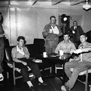Suez Crisis 1956 Wounded British soldiers at Lyneham airfield relax after their