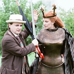 Sylvester McCoy as the Doctor with Jean Marsh as Morgaine whilst on location filming for