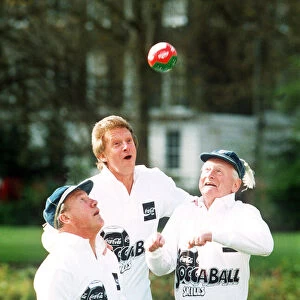 Tom Finney with Denis Law and Nat Lofthouse at the launch of Soccaball