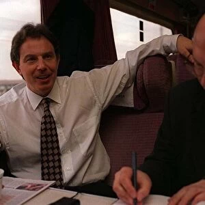 Tony Blair Labour Party Leader on train to Gloucester during the General Election