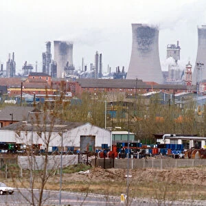 The towers of ICI Billingham across the roofs of St Hildas Estate. 3rd April 1991