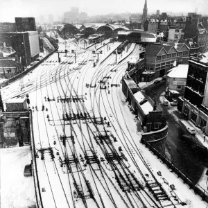 Empty tracks in the snow outside Newcastle Central Station on 16th February 1979